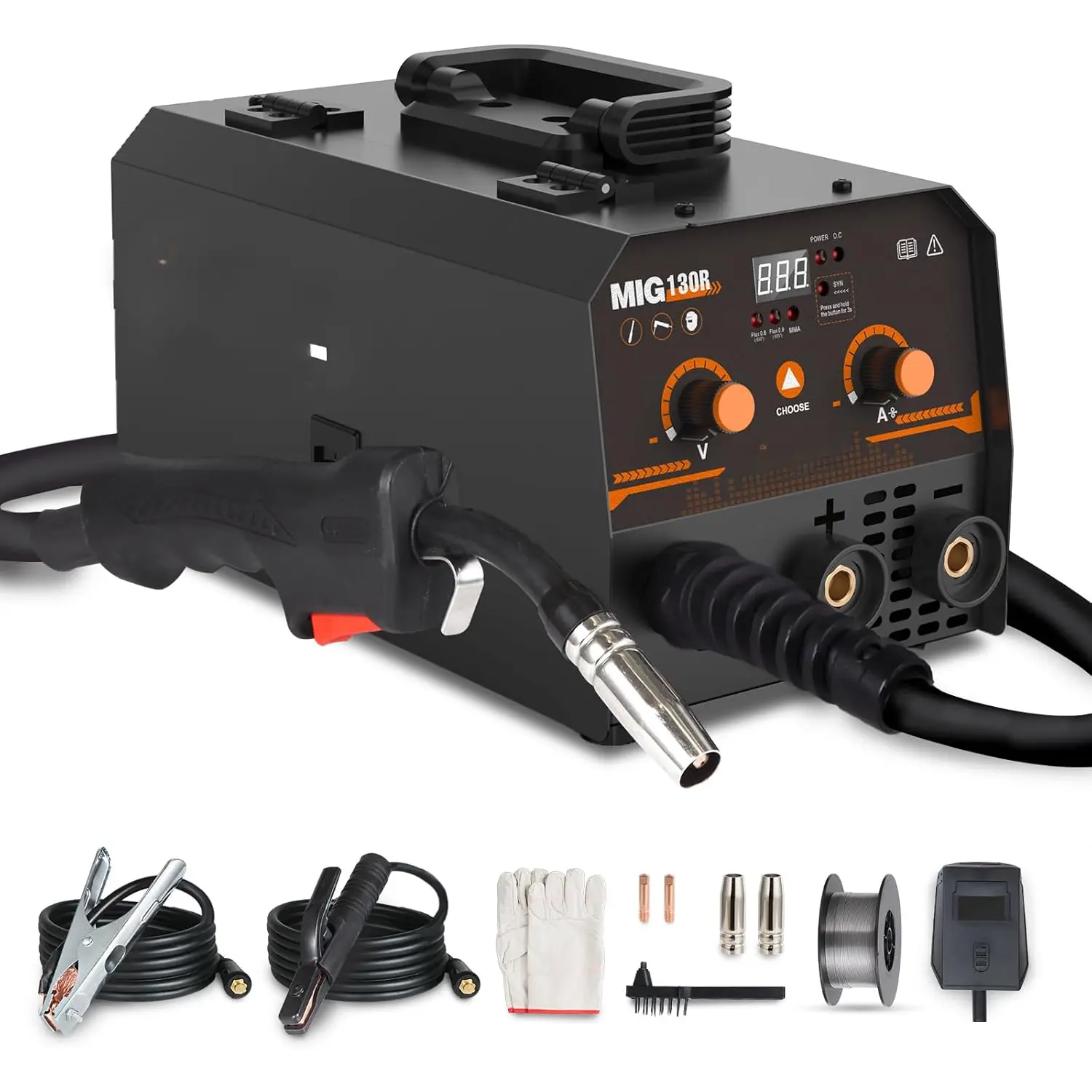 130Amp 110V 2-in-1 Gasless MIG Welder - Flux Core/Stick Welder with Synergy IGBT Inverter, Portable Wire Feed, Gloves, Brush, Welding Mask, Metal Compatibility, 0.030”/.035” Contacts Tips & Nozzles