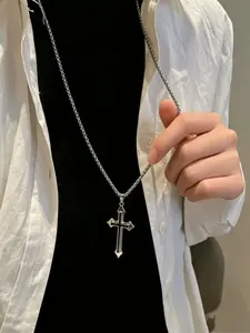 Trendy Titanium Cross Pendant Necklace, Student Fashion Accessory, Versatile Men's Jewelry, Elegant Plain Style, All-Season Wear