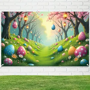 1PC 2D Flat Easter Polyester Backdrop Banner, Colorful Egg Cherry Tree Reusable Photo Backdrop, Children's Birthday Party Photo Background Wall, Festival Decor Hanging Cloth, Photo Booth, Flat Banner,summerwins