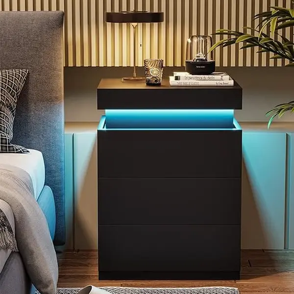 SIKAIC Black LED Nightstand - Modern Bedroom Space Saving Furniture, RGB Mood Lighting, Sliding Drawer, USB Ports, Charging Station, Clean Design Storage Bedside Table