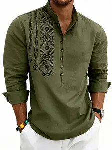 Men's Spring ＆ Summer Outfits Linen Casual Henley Shirt, Boho Geometric Print Linen-Like Fabric, Stand Collar, Roll-Up Sleeve, Lightweight Bohemian Style Top for Everyday & Weekend Outings