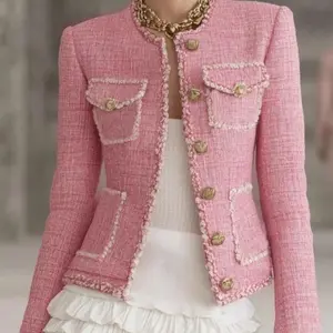 Women's Vintage Tweed Jacket - Round Neck Long Sleeve Coat with Golden Buttons