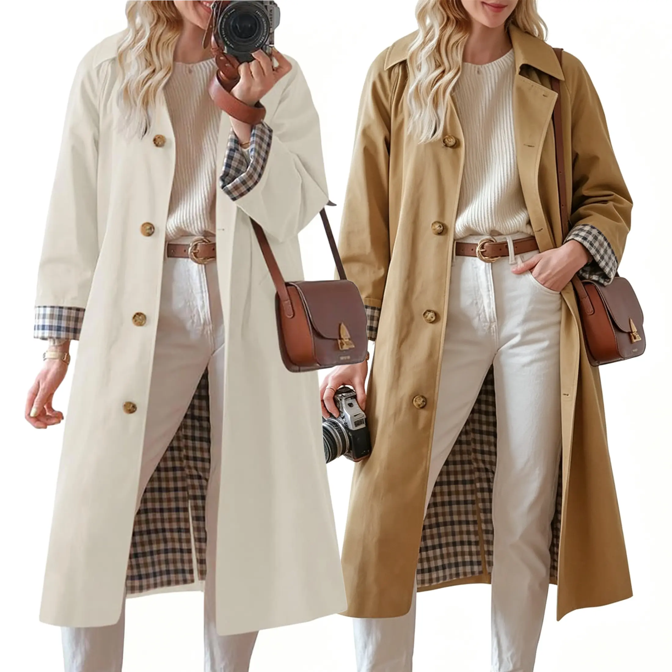 Buenoble Women Oversized Long Trench Coat Single Breasted Lapel Plaid Lining Windproof Lightweight Casual Outerwear