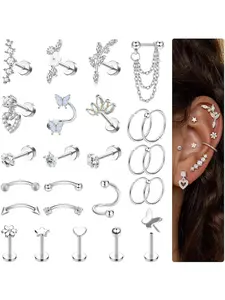 Dazzling 26 Pcs Silvery Helix Piercing Jewelry Set Stainless Steel Copper Tragus Earrings Set for Women Men Flat Back Earrings Stud Ear Piercing Conch Helix Hoop Cartilage Earrings Rook Daith Tragus Piercing Jewelry Set