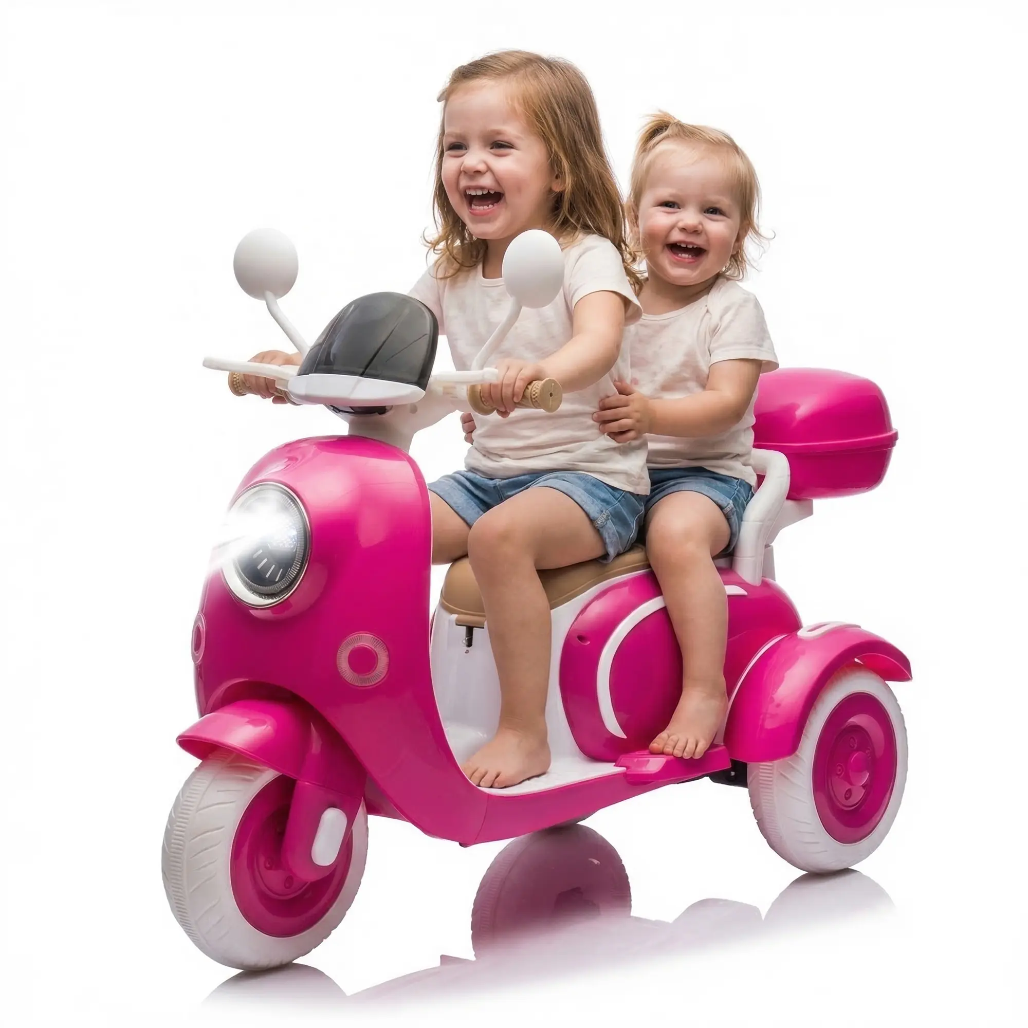 Mersco 12V Unisex Rechargeable Battery Kids Electric Tricycle - 2-Seat Ride-On Toy for 3-6 Year Olds, Dual 30W Synchronized Motors for Smooth Power, 3-Speed Modes, Steel Frame, USB BT Sync, Lights, Storage Box, Blush Pink