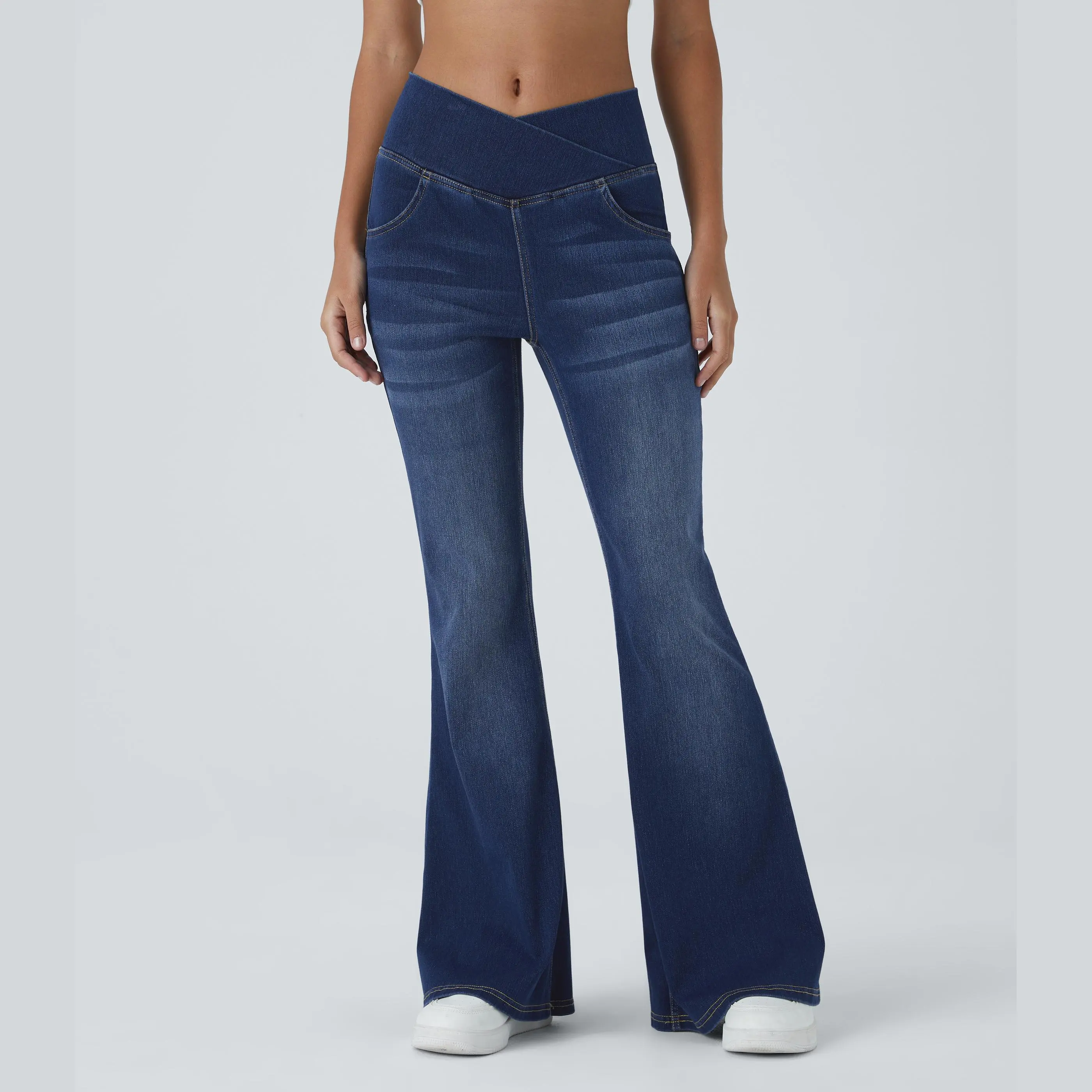 Halara Flex High Waisted Crossover Pocket Washed Casual Flare Jeans
