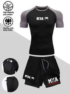 Men's Sporty Two-Piece Set, Athletic Set, Tight-Fit Short Sleeve Snake Head Mma Print Top, Multi-Pocket Knee-Length Shorts, Training Clothes, Sportswear Clothing, Activewear Clothing, Ideal for Running, Basketball, Gym