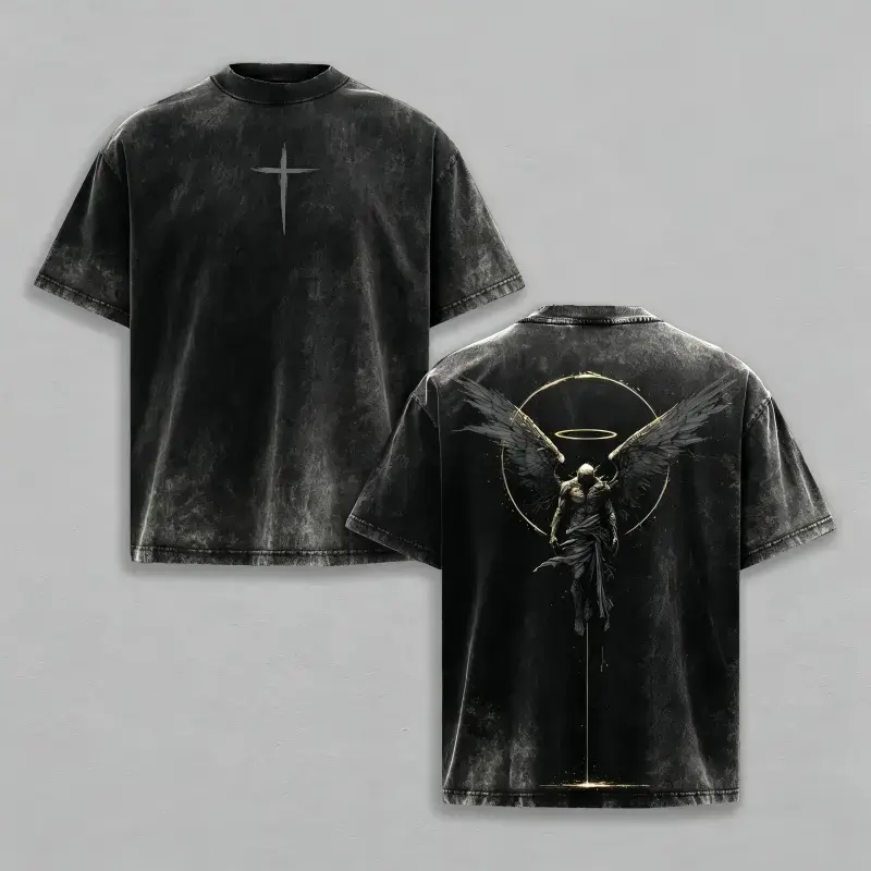 Men's Oversized Heavy Cotton Short-Sleeve Casual Graphic T-Shirt, Gothic Faith Fallen Angel & Crusader Print, Pre-Washed Vintage Acid Wash, Rib Round Neck, Menswear, Free Expedited Shipping, Streetwear, Back to School