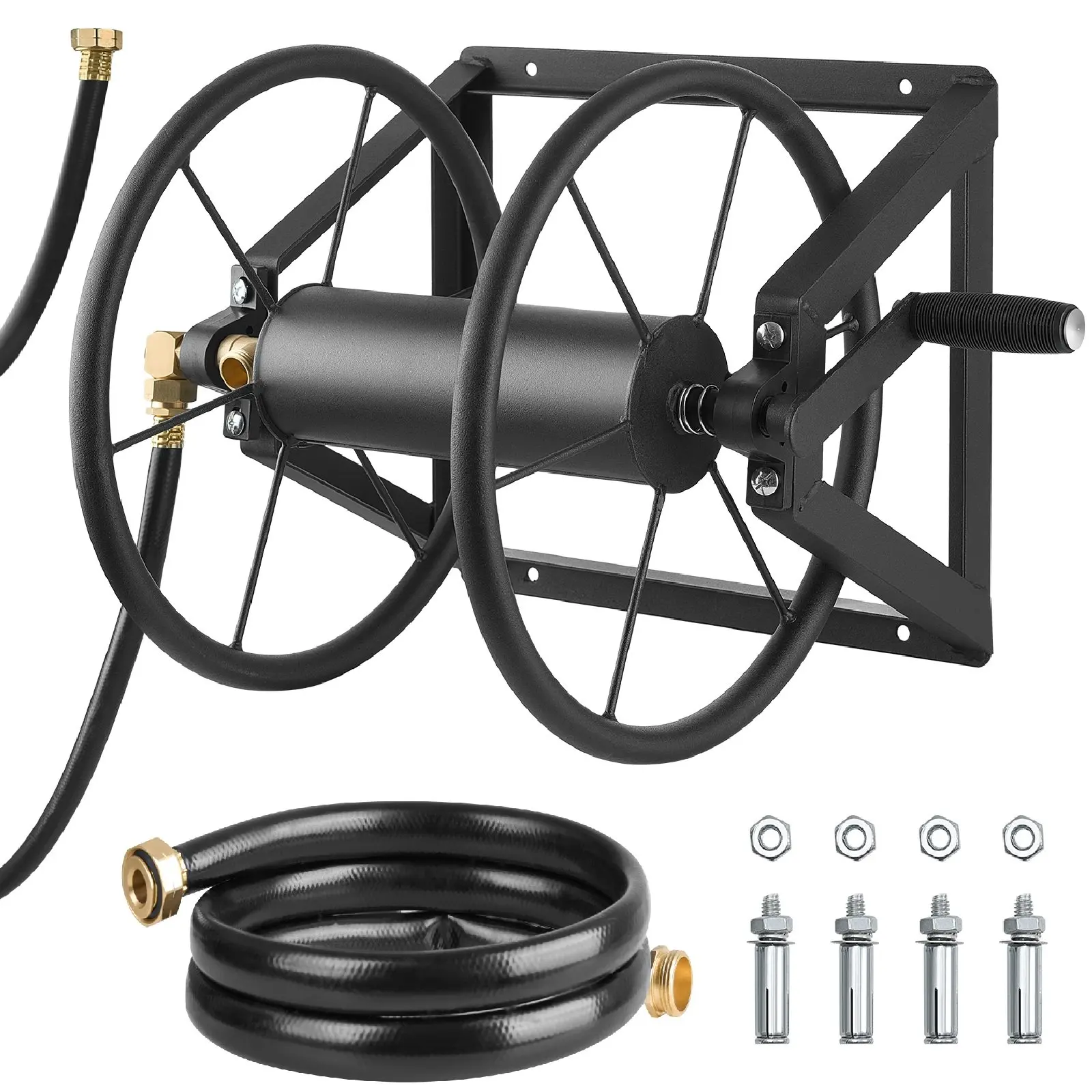 VEVOR Wall Mounted Garden Hose Reel, Holds 200 ft 5/8-inch Manual Water Hose Winder, Heavy-Duty Steel, Outdoor Reel with Brass Fitting 5ft Leader Hose, Space Saving, for Yard Lawn Garage