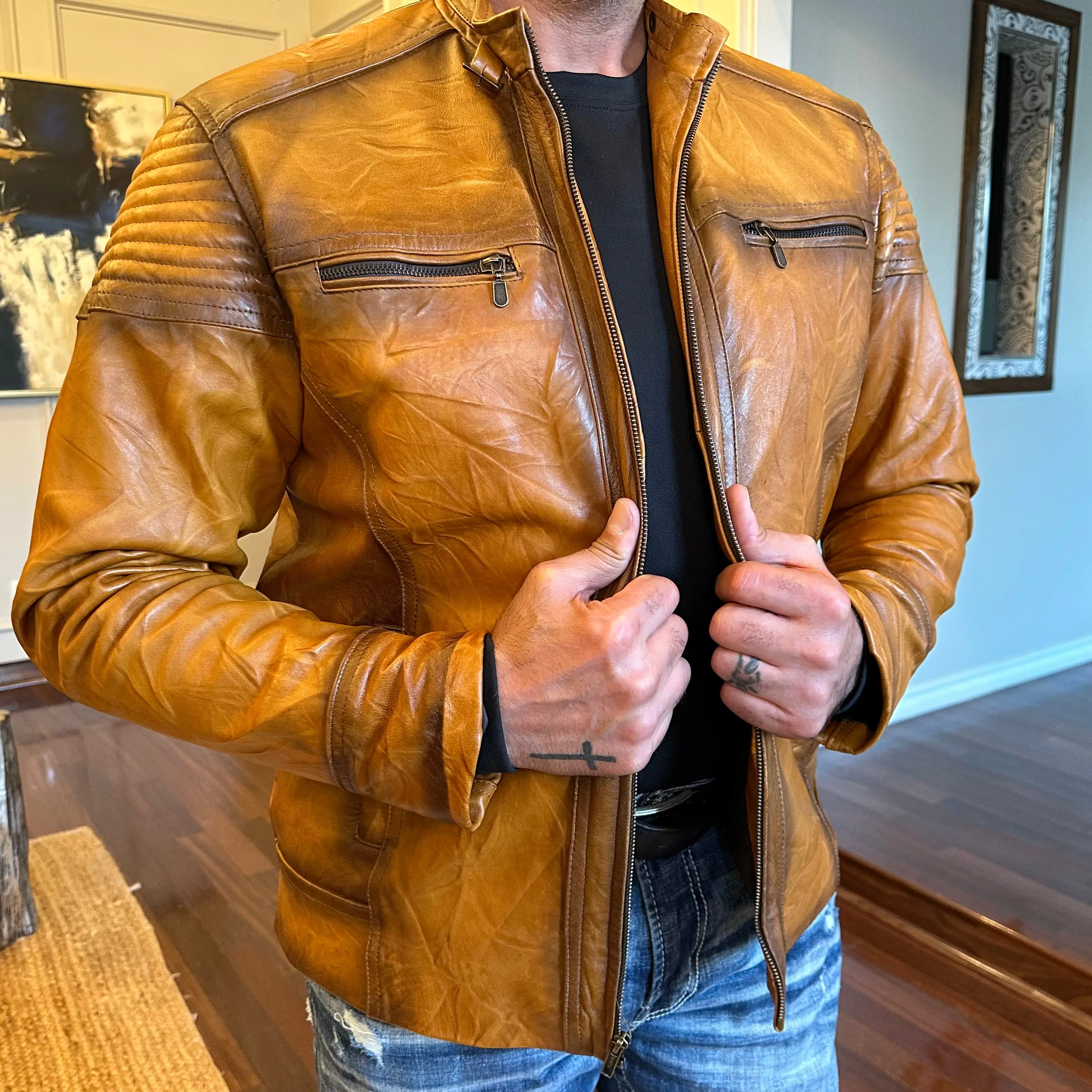 Men's Ovine Leather Jacket, Handmade Lambskin Biker Style with Zipper Pockets – Tan Brown