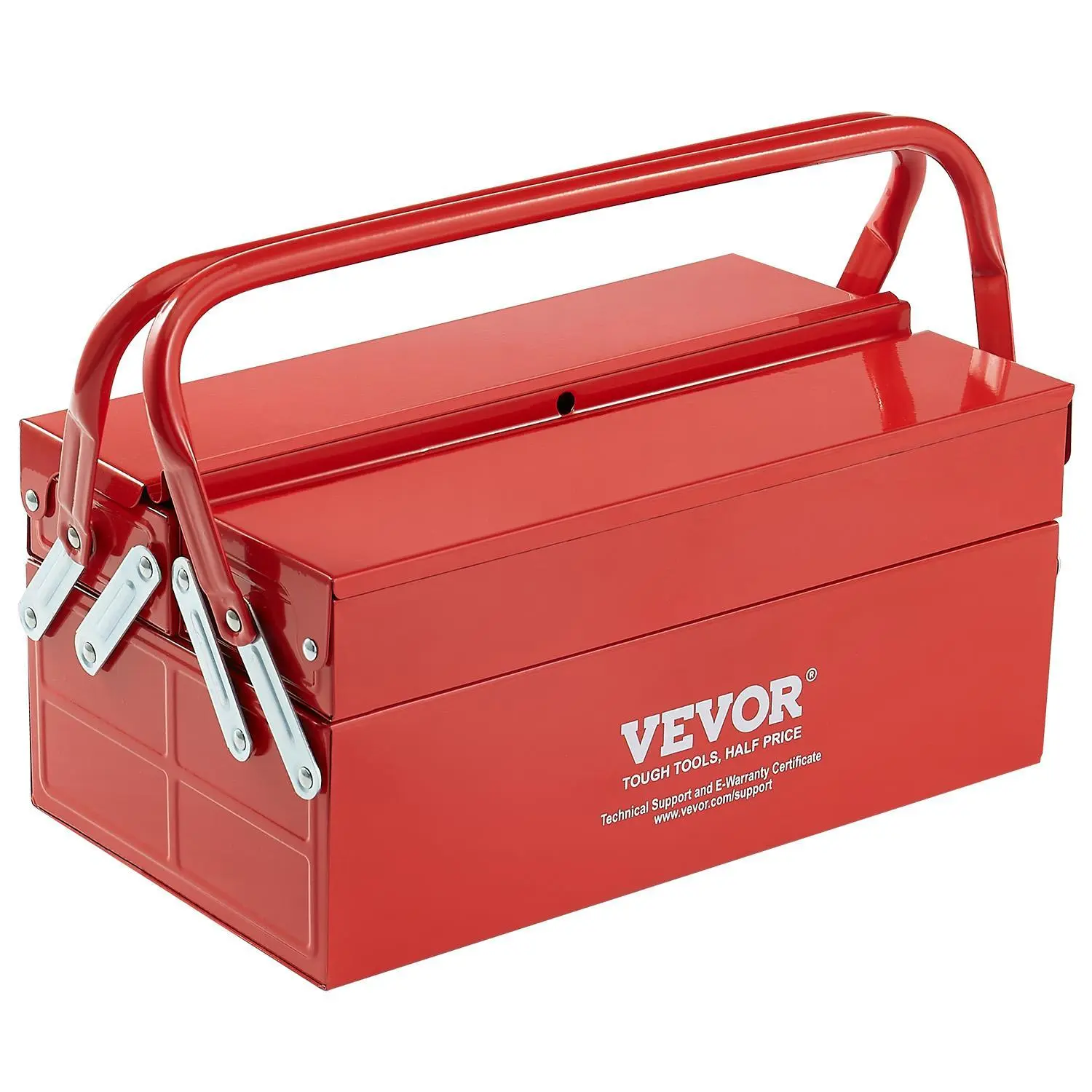 VEVOR Metal Tool Box,  14-inch, 2-Tier 3-Tray Portable Folding Tool Chest Organizer with Handle & Lock Hole, Powder Coated Steel, Cantilever Toolbox for Household Factory Warehouse Repair Shop, Red