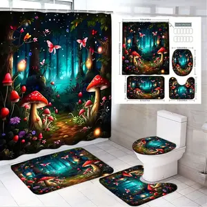 1/4pcs Whimsical Enchanted Forest Bathroom Set - Magical Nighttime Scene Shower Curtain with Amanita Mushrooms, Purple Wildflowers & Glowing Orbs, Matching Toilet Lid Cover & Cozy Bath Rugs, Perfect for Fairy Tale Inspired Decor