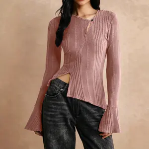 Casual Stitching Long Sleeve Button T-shirt