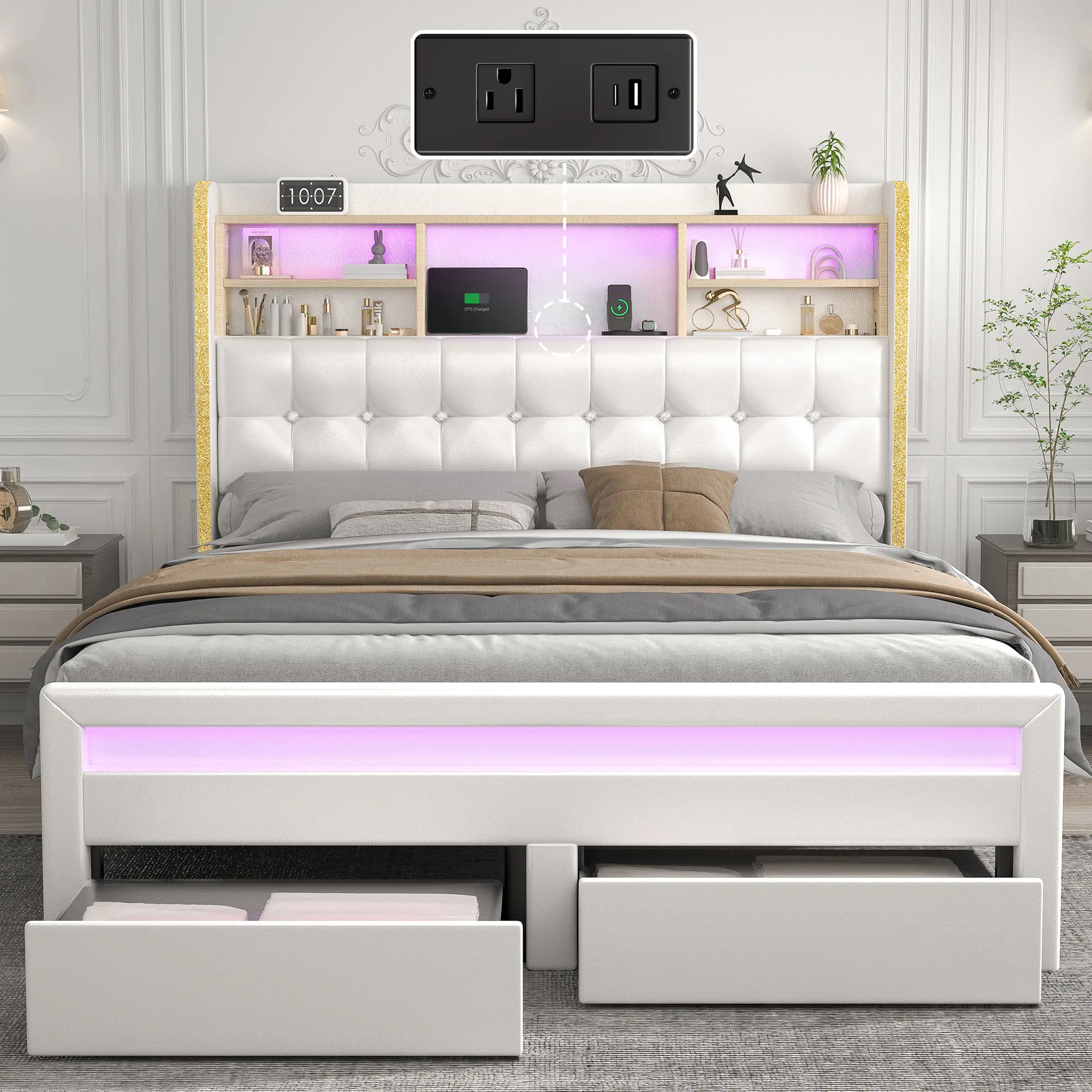 SIBEDS Queen Upholstered Bed Frame with LED Bookcase Headboard, Drawers, Charging Ports, and Tufted Wingback Design for Bedroom,Platform Bed tiktokshopbacktoschool