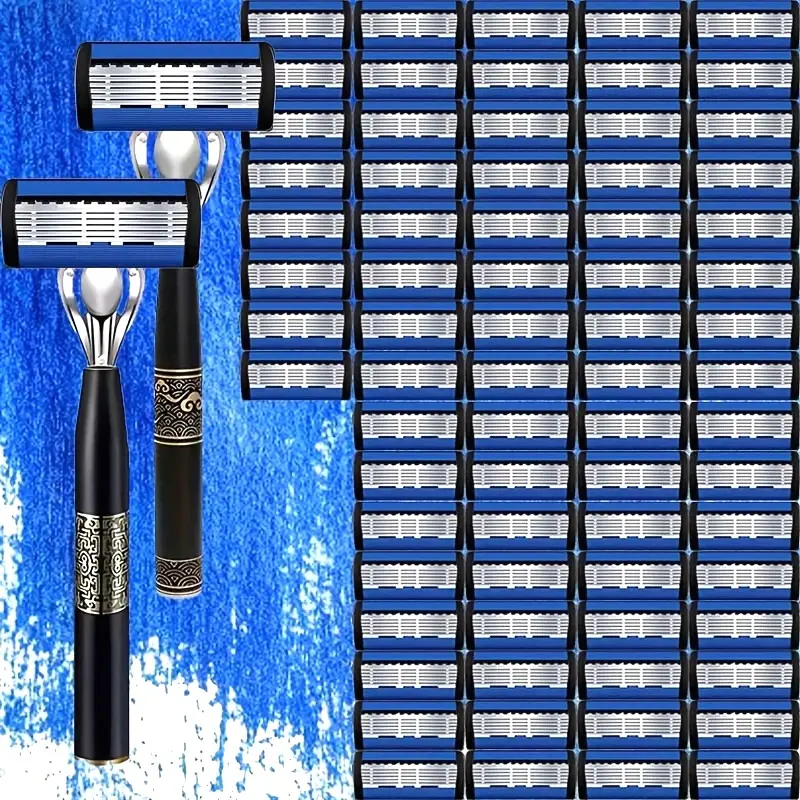 Men's Sleek Stylish Handle Razors - 2 Non-Slip Comfortable Handles, 72 Sharp Replaceable Stainless Steel Blades, No-Ouch Multi-Refill Antibacterial Shaving Tool for Men