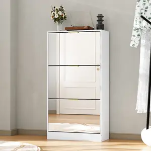 FUFU&GAGA Shoe Storage Cabinet with 3 Flip Down Drawers & Mirrors, Modern Wooden Shoe Organizer Adjustable Shelves for Entryway Hallway