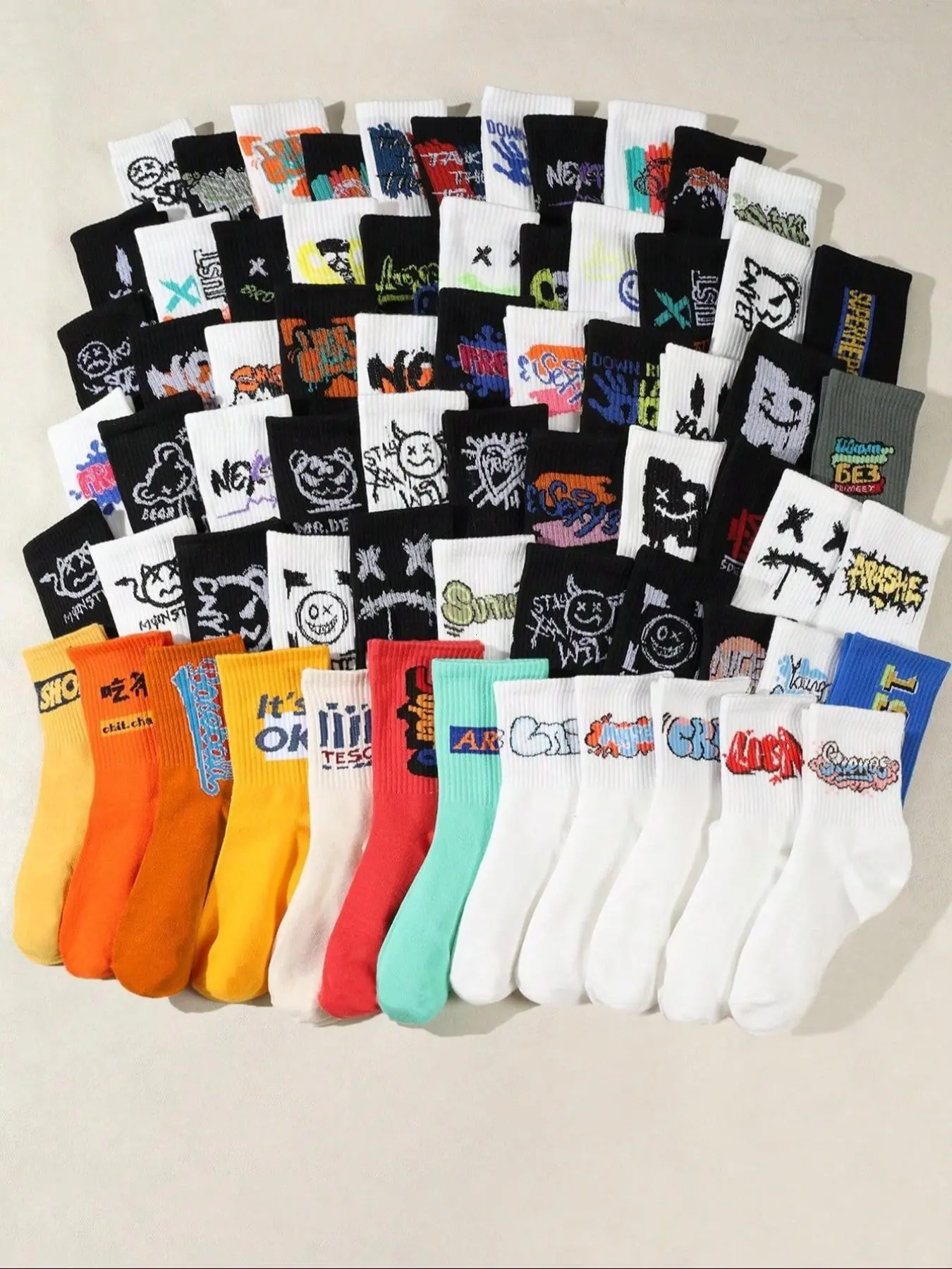 20 Pairs Unisex Socks, Abstract Art Graffiti Print, Fashion Casual Crew Socks, Soft and Comfortable, Mid-Calf, Street Style Basketball Socks for All Seasons