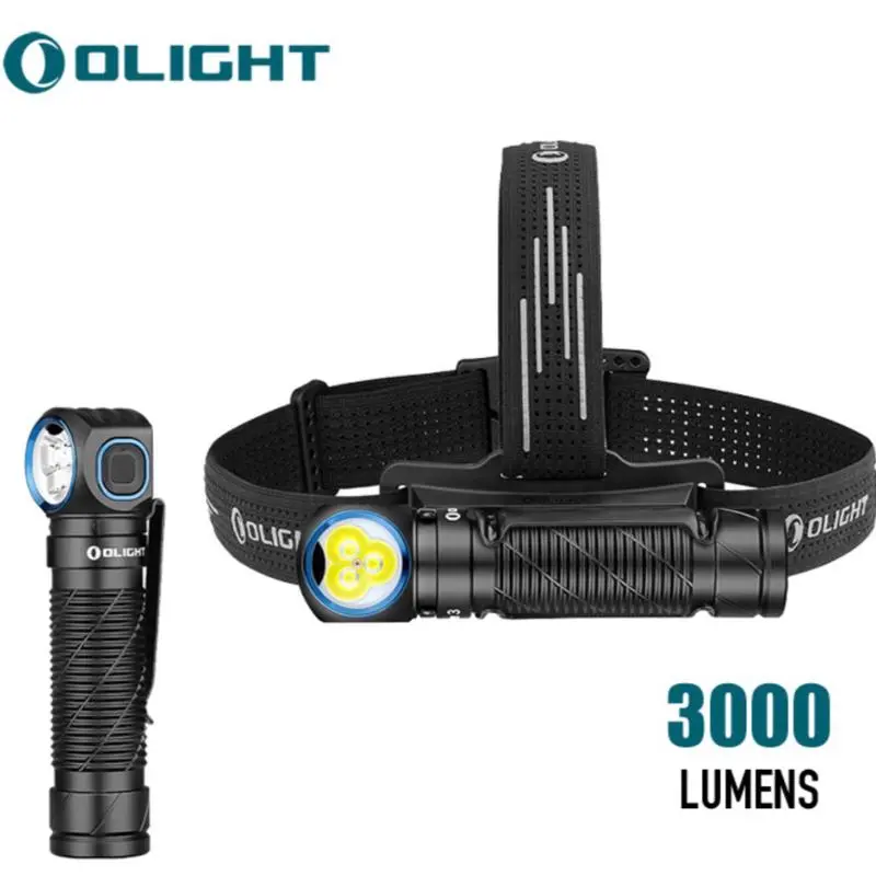 Olight Perun 3 Black Right-Angle Rechargeable LED Flashlight - Outdoor Use, Bright Illumination, Hands-Free with Included Headlamp Headband, Max 3000lm