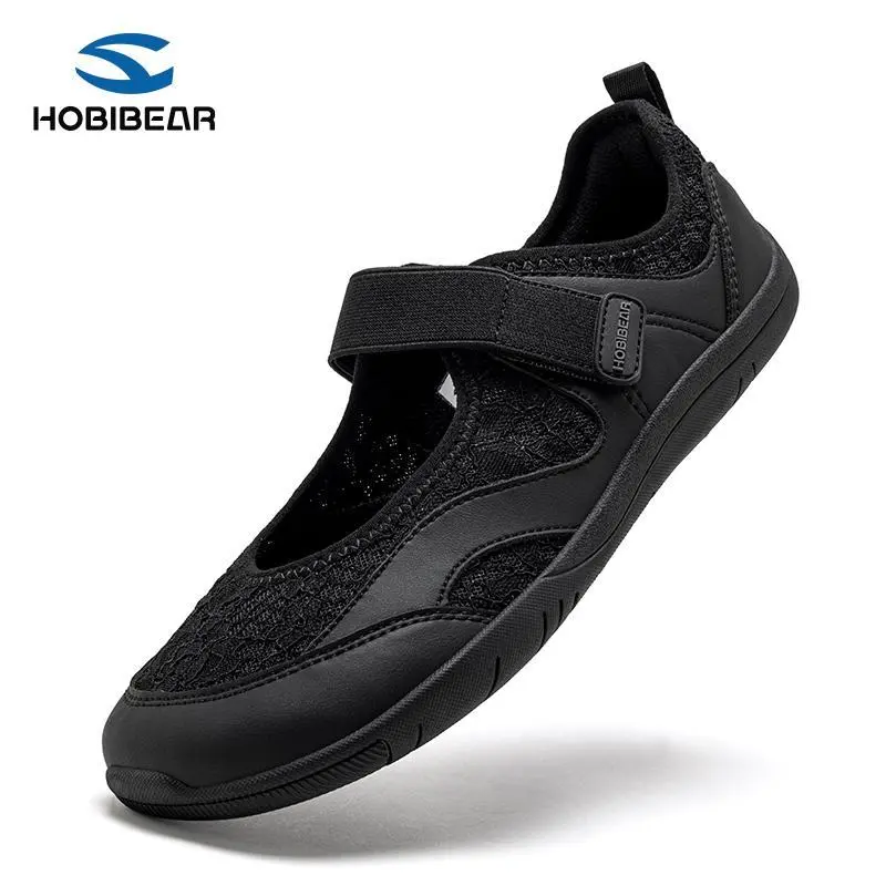 HOBIBEAR Women's Mary Jane Style Extra Wide Fit Casual Trainers - Breathable Mesh & Lace Flats, Adjustable Strap, Wide Toe Box, Minimalist Synthetic Summer Footwear