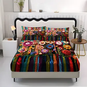 3-Piece Colorful Floral Print Bedding Set, Includes Fitted Sheet & Pillowcases, Breathable Polyester Fiber, All Seasons