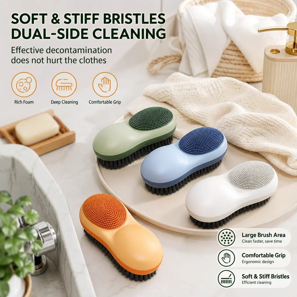 1-Piece Dual-Sided Soft Bristle Laundry Brush with Non-Slip Grip for Stain Removal on Clothes, Shoes