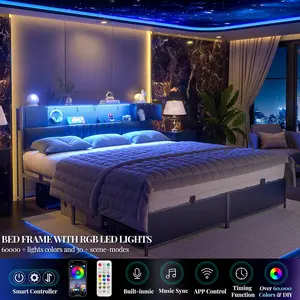 King/Queen/Full Size Bed Frame with LED Light ＆ Power Outlets,Platform Bed with Upholstered Headboard and Storage Cabinet,Easy Assembly, Noise-Free