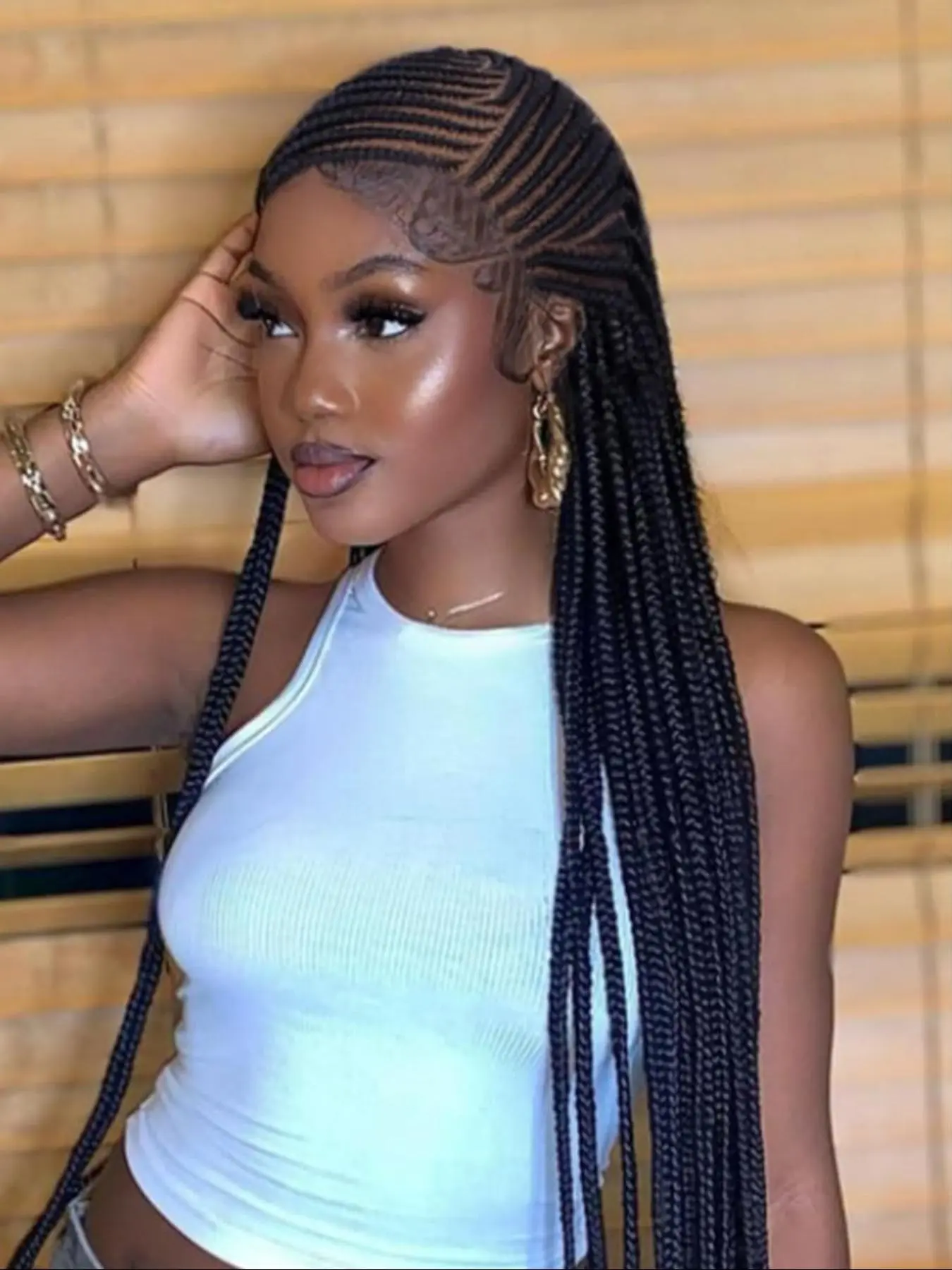 36-Inch Long Braided Lace-Front Wigs, Women's Lace Closure Wig, Gorgeous Fluffy Wig with Baby Hair, Artificial Wig for Party and Daily Use