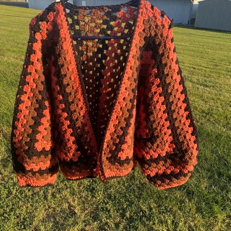 Crochet Large Hexi Cardigan - Vibrant Orange & Brown Handcrafted Knitwear for Women