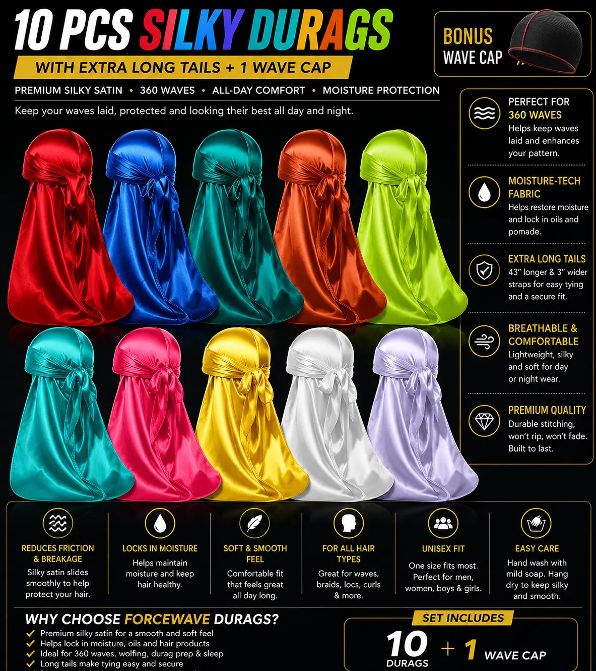 10-Pack Silky Satin Durags for 360 Waves (Random Color Bundle)