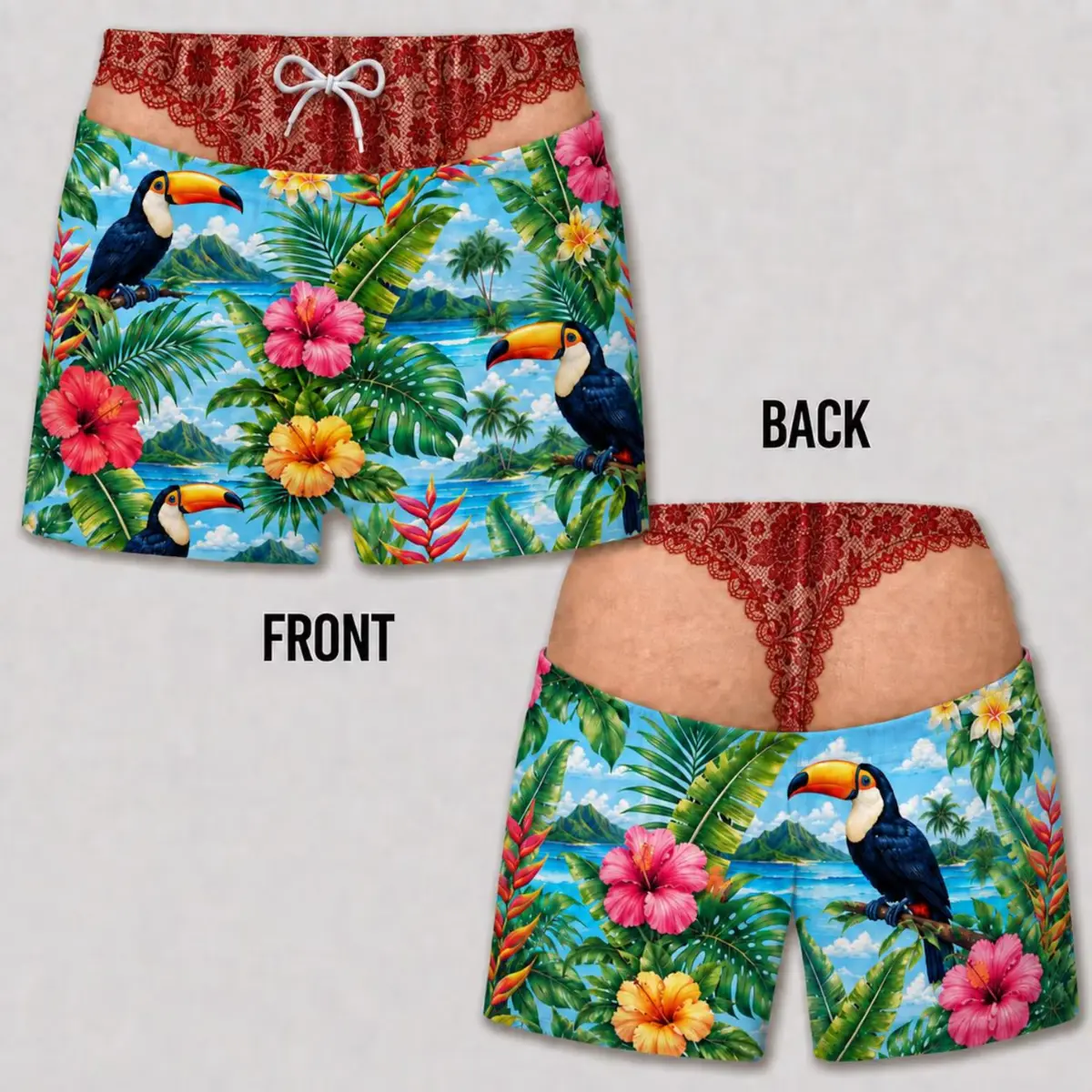 Funny Beach Board Shorts for Men, Tropical Novelty Swim Trunks, Cheeky Lace Thong Illusion Board Shorts, Quick Dry Beach Swim Shorts, Hawaiian Vacation Swimwear, Pool Party Surf Shorts, Summer Beach Gift