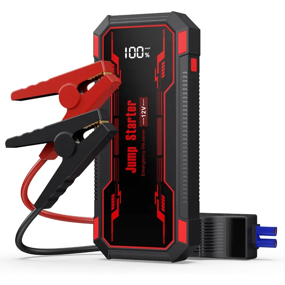 Jump Starter 6000A Portable,12V Portable(10.0L Gas/8.0L Diesel),LCD Display Jump Box Battery Pack With Jumper Cables & Flashlight-Red