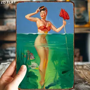 2D Vintage Swimming Woman in Bikini Iron Metal Tin Sign 8x12inch, Perfect for Beach Theme Decor, Summer Holiday Decor, Home Decor Products, Indoor and Outdoor Artistic Plaques Artwork
