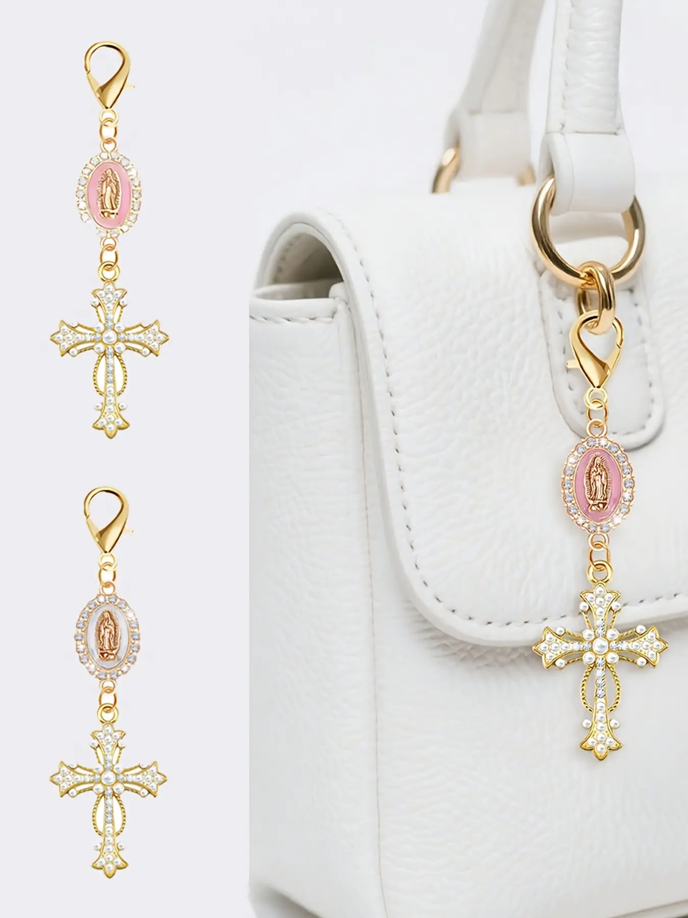 Hollow Cross Keychain, Cross Keychain, With Gorgeously Inlaid Crystals, Pearls, Purse Charms, For Handbags, Shoulder Bag, Tote Bag, Backpacks, Car Keys Accessories, Daily Carry, Gift For Christmas, Valentine'S Day, Teacher'S Day, New Year'S Day