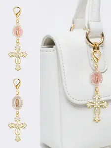 Hollow Cross Keychain, Cross Keychain, With Gorgeously Inlaid Crystals, Pearls, Purse Charms, For Handbags, Shoulder Bag, Tote Bag, Backpacks, Car Keys Accessories, Daily Carry, Gift For Christmas, New Year'S Day, Bag Pendant Keychain