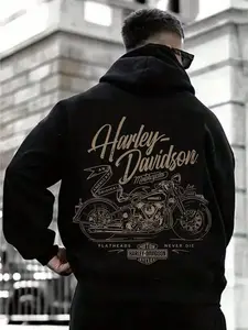 Vintage Motorcycle Theme Hoodie, Menswear, Brand Logo, Classic Car Design Prints, Fitted Casual Style, Long Sleeve, Fall & Winter Wear