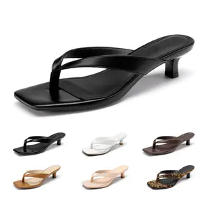 Women's Kitten Heels Flip Flops Square Toe Low Heels Slip On Comfortable Summer Thong Heeled Sandals