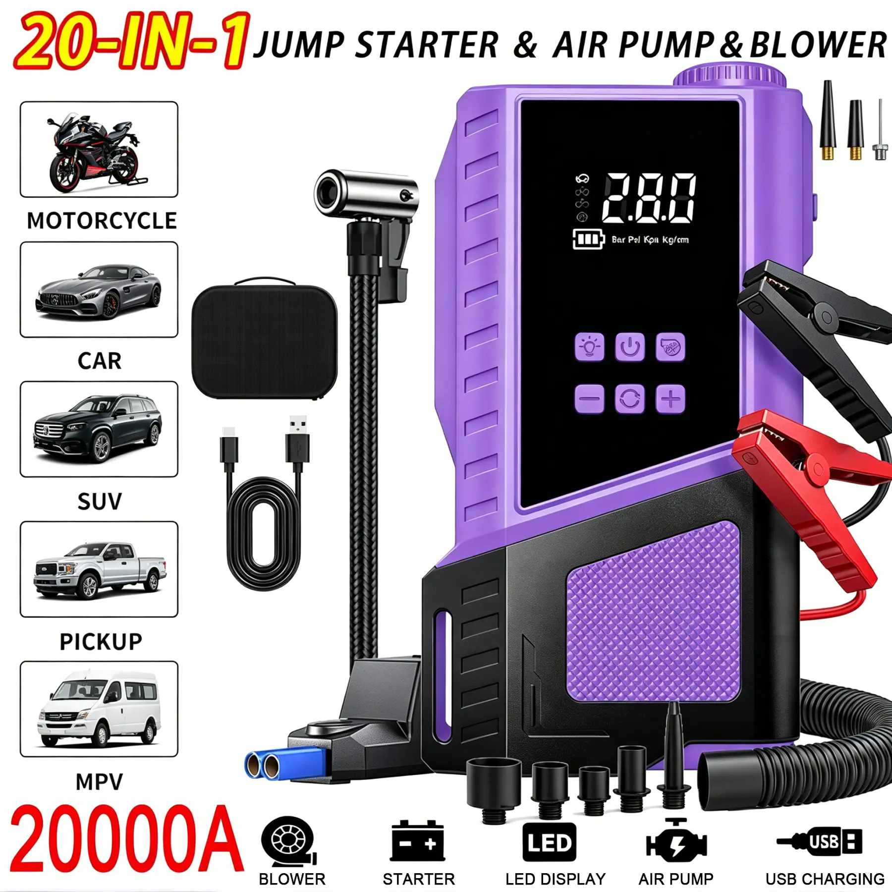 【APEXPIONE】 Car Jump Starter With Air Inflator Blower，Jump Starter For Battery With 150PSI Air Pump，QC3.0 USB Charging ，LED Lighting，LCD Digital Display,Multi-Function Car Repair Tool With Emergency Start，Essential For Car & Home Maintenance