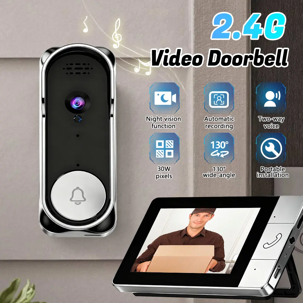 Wireless Smart Security Doorbell Camera With 4.3 Inch Indoor Monitor Screen 30W HD 130°Wide Angle Infrared Night Vision Two‑Way Audio Auto Recording 128GB Memory Card No‑Drill Smart Door Bell Intercom