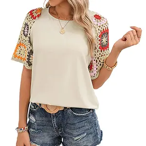 Chvity Women's Round Neck Short-Sleeve Crochet Pullover Blouse - Loose-Fit Medium-Length Polyester Floral Casual Summer Tops for Women, Shortsleeve