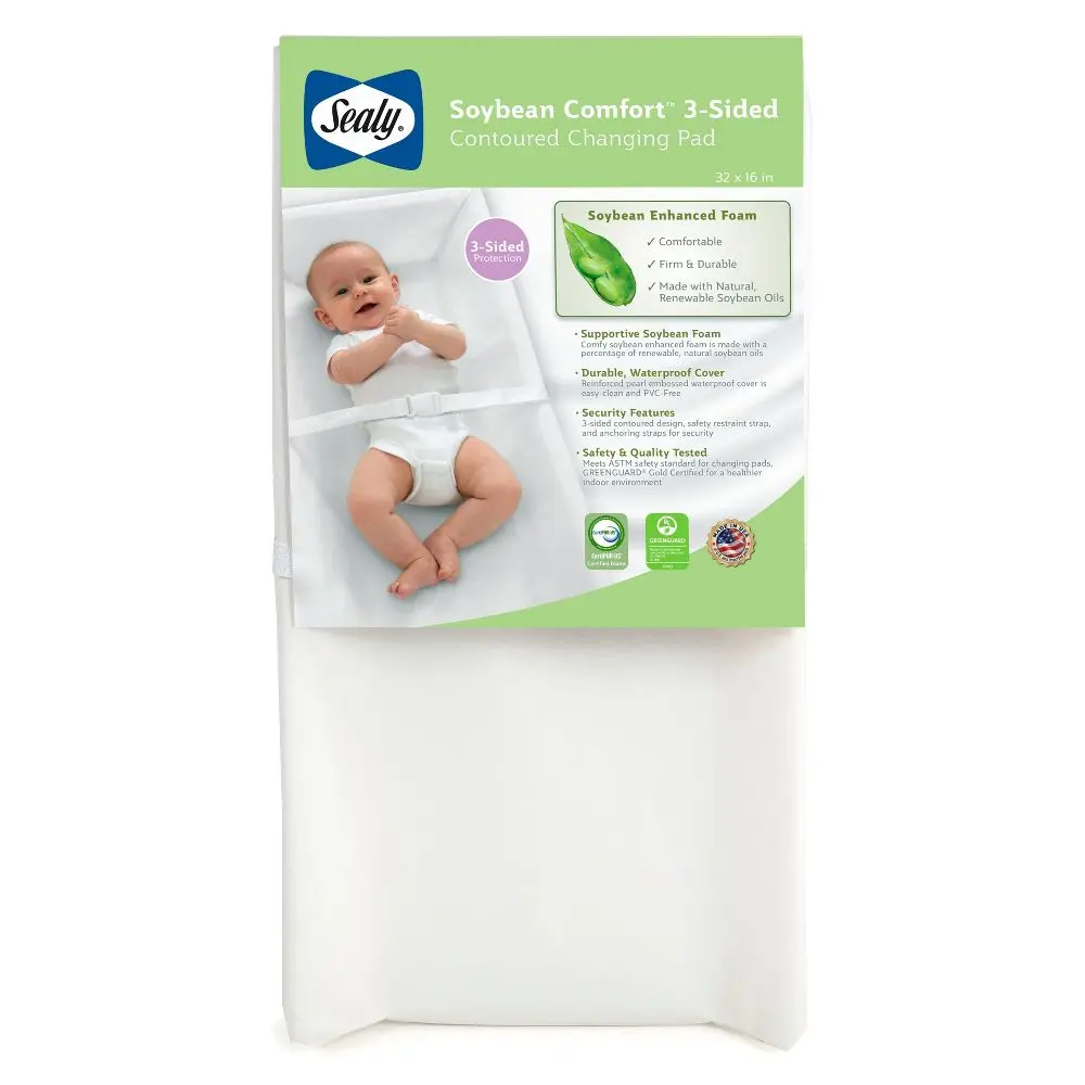 Sealy Soybean Comfort Foam 3-Sided Contoured Diaper Changing Pad with Safety Belt, Waterproof Cover, Snug Fit for 0-3 Years Babies, Changing Mat