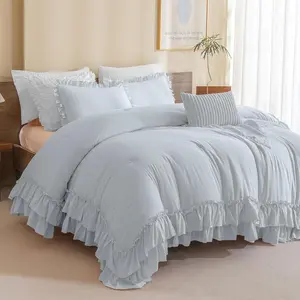 Ruffled King Comforter,Farmhouse Cornflower Blue Comforter Lightweight Ultra Vintage Rustic 3pc (1 Ruffle Comforter and 2 Pillowcases)