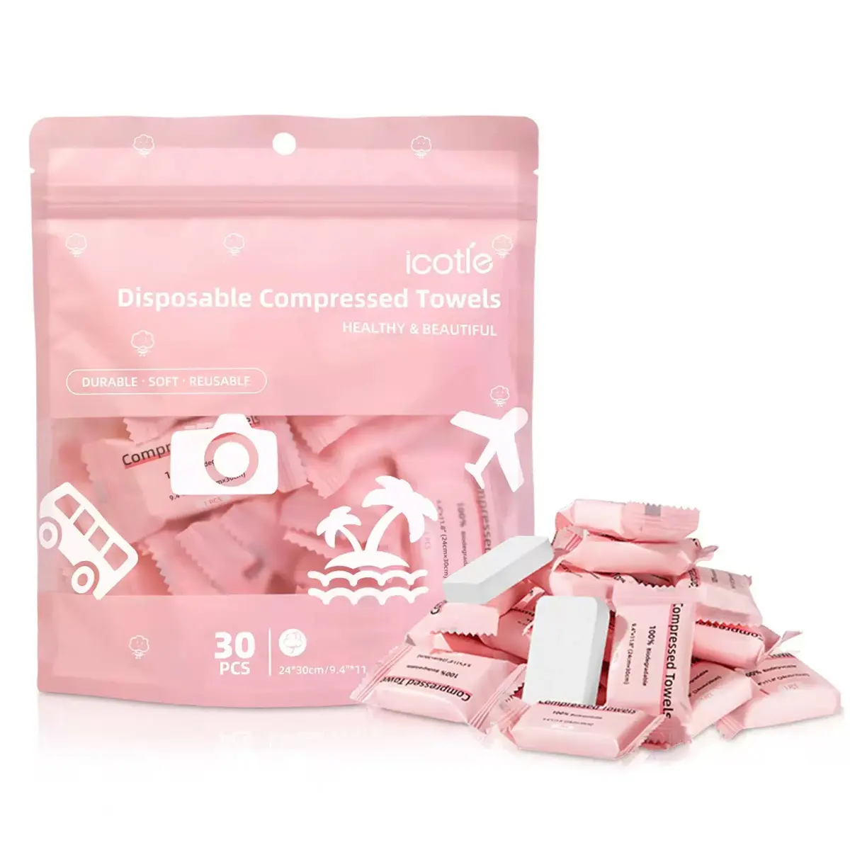Disposable Compressed Towel Tablets - 30 Pieces Portable Compact Face Towels Suitable for Home Use, Camping, Hiking, Travel, Picnics, and Gym Workouts - Ideal for On-the-Go Hand Cleaning, Facial Cleansing, and Makeup Removal