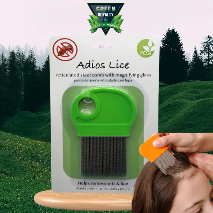Green Royalty Lice Comb with Magnifying Glass, Reticulated Steel for Precision Lice Control, Eco-Friendly Travel Size Pack, Unisex Haircare Tool with Handle, Plastic Bristles, Any, Precision Grooming, Removes Nits, Nits And Lice