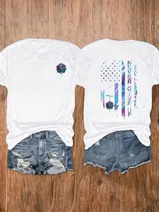 Women's Floral & American Flag Print Round Neck Tee, Vintage Trendy Casual Short Sleeve T-shirt for Daily Wear, Ladies Summer Clothes Essential