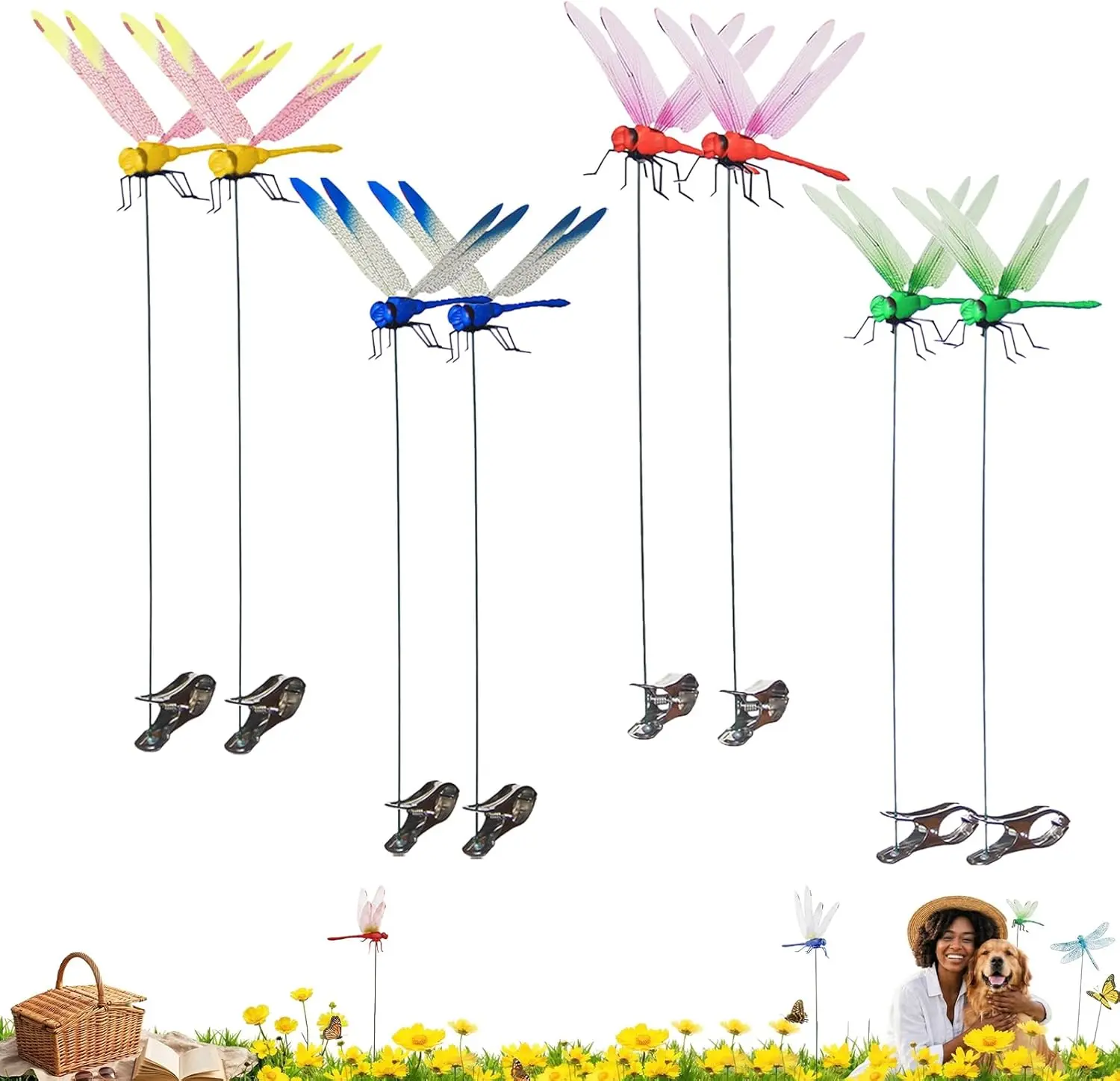 8PCS DragonFly Rod Clips, 3D Dragonfly Garden Decoration, Creative Home Accessories, Dragonfly Garden Decor,Realistic Dragon Fly Clips Bugs Repe Llent.