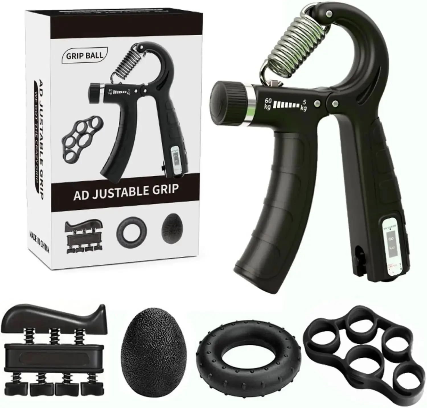 Hand Strengthener Grip Trainer Kit: Adjustable Hand Gripper, Finger Exerciser, Stress Ball, Forearm Ring for Muscle Building & Injury Recovery