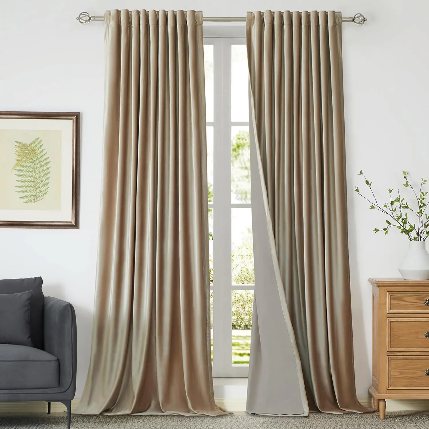 100% Full Blackout Champagne Beige Velvet Curtains 96 inch Long for Living Room,Set of 2 Liner Rod Back Tab Thermal Window Curtains Room Darkening Decorative Curtains Drapes for Bedroom