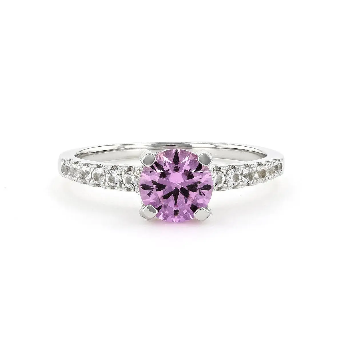 Round Created Pink Sapphire Prong Rhodium Over Silver Solitaire Ring