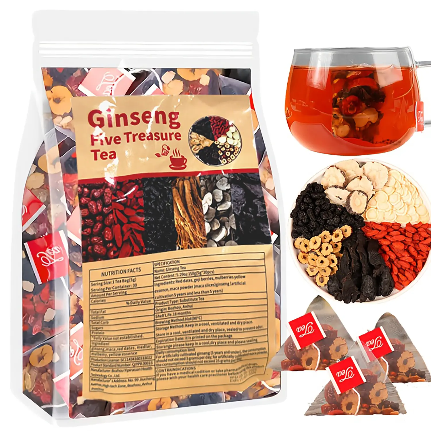 Ginseng 5 Treasure Tea Traditional Kidney Cleansing Formula for Men Women Natural Herbal Remedy Health Boosting Drink Pure Ingredients Traditional Recipe Loaded Tea Beverage Christmas Gift Organic Chinese  body loaded Herbs Tea Wellness Tea Blend