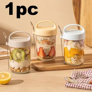 14oz Mason Jar with Handle, Glass Cup, Salad Container, Sealed Oatmeal Storage, Includes Stainless Steel Spoon, Ideal for Cereal, Milk, Fruit, Yogurt, Airtight Meal Prep